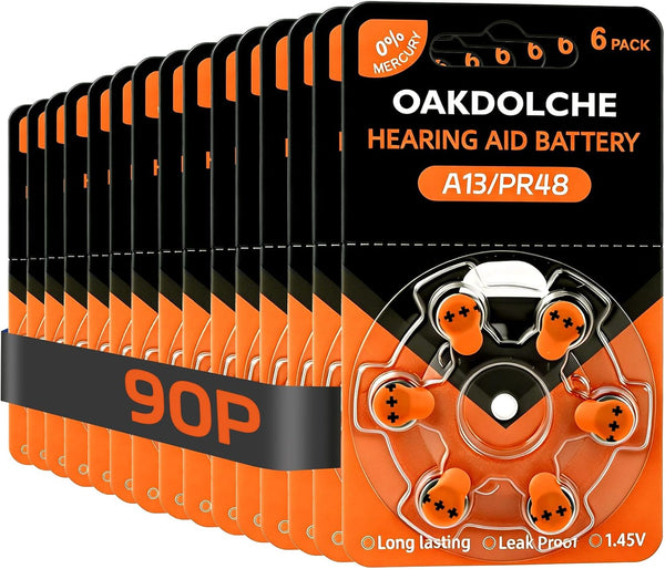 OAKDOLCHE Hearing Aid Batteries Size 13, 90 Count, Mercury Free Zinc Air, 1.4V