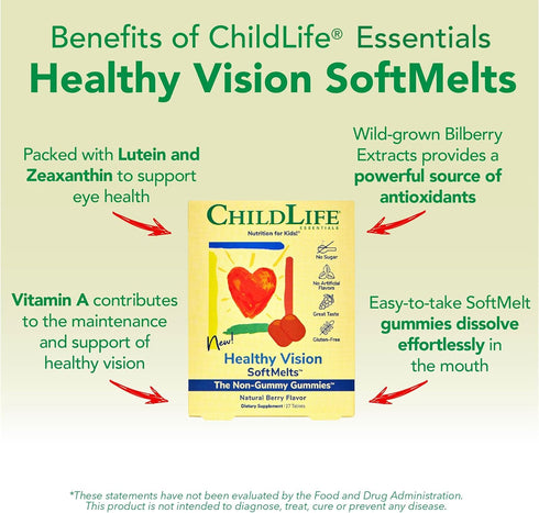 CHILDLIFE ESSENTIALS Healthy Vision SoftMelts, Eye Vitamins for Kids, Lutein Gummies, Great Taste - Natural Berry, 27