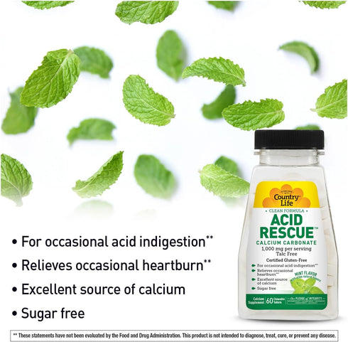 Country Life 60 Count Acid Rescue Chewable Tablets - Vegan Heartburn Relief