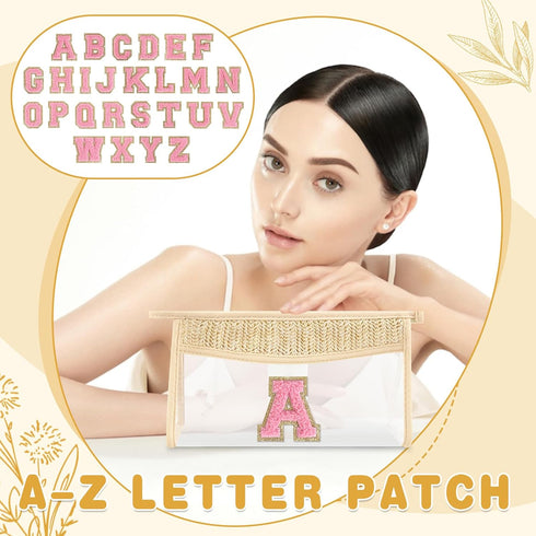 Personalized Small Boho Straw Initial Letter Makeup Bag, Cute Clear Chenille Patch Zipper Bag, Trendy TSA Travel Bag,