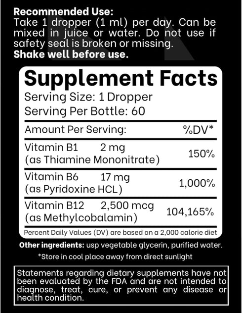 B1 B6 B12 Vitamin Liquid Drops - Nerve, Energy, Brain Support Supplement - Fruity-Like Flavor - Methylcobalamin, Thiamine, Pyridoxine - 60 Day Supply - 2 oz - for Men and Women - Simply Made