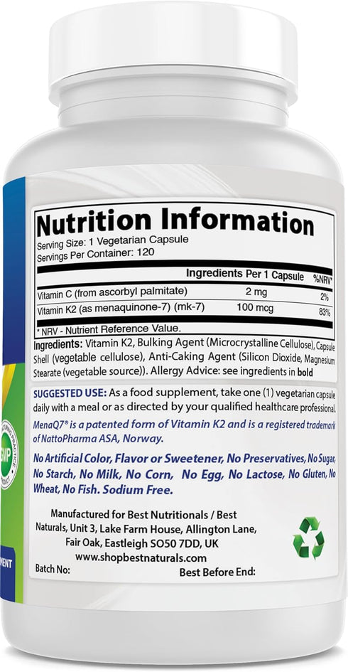 Best Naturals MK-7 Vitamin K2 100 mcg, 120 Vcaps