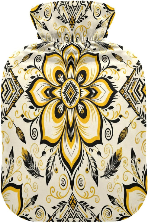 miaozhen 2L Tummy Paisley Flower Dark Black Yellow Gold Water Bottle for hot Water with Soft Cover Warmer Bag