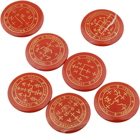 Rockcloud Healing Crystal 7pcs Engraved Magic Circle Round Palm Stones, Spiritual Powers, Red Jasper