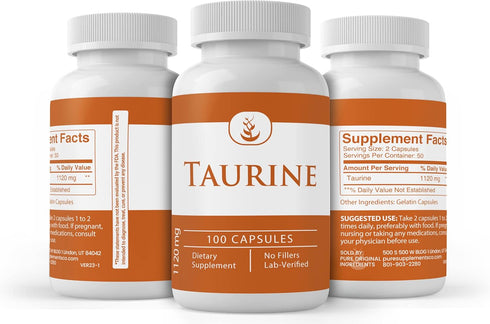 Taurine (100 Capsules) 100% Pure, No Additives or Fillers: Pure Original Ingredients