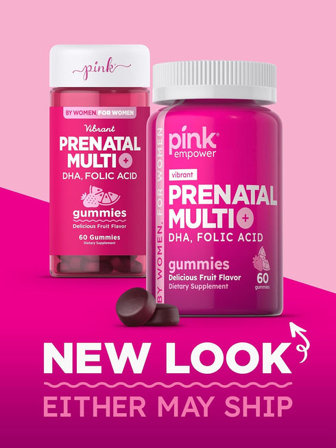 PINK Prenatal Vitamins - 60 Gummies with DHA and Folic Acid, Non-GMO & Gluten Free Multivitamin, Fruit Flavor
