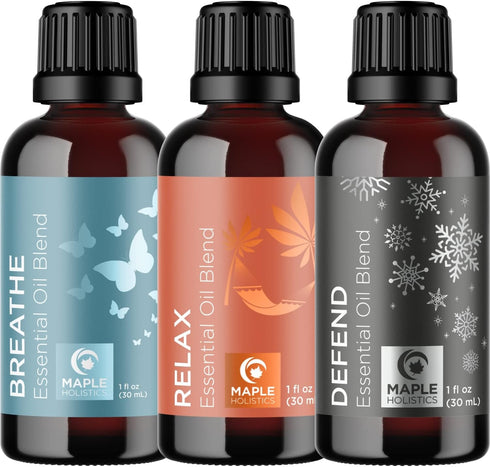 Maple Holistics Essential Oils Set - Relax Breathe and Defend Purifying and