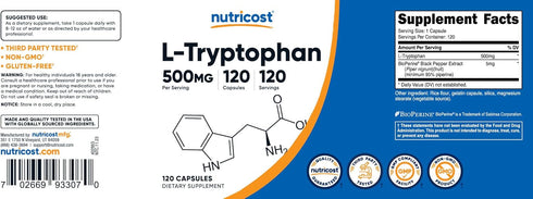 Nutricost L-Tryptophan 500mg, 120 Capsules with BioPerine, Gluten Free, Non-GMO