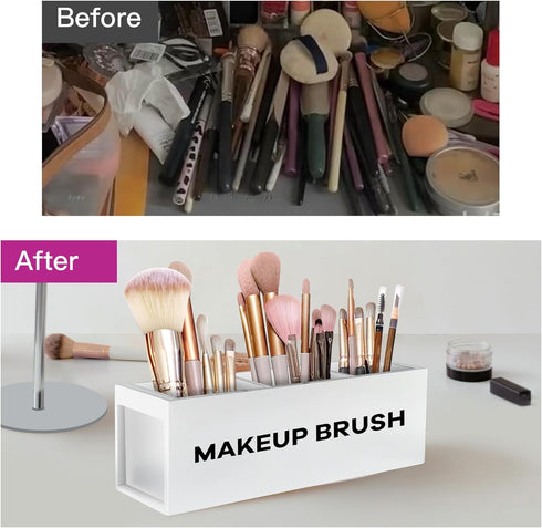 Suli Large White Makeup Brush Holder Organizer, Wooden Cosmetic Brushes Storage with 3 Slots