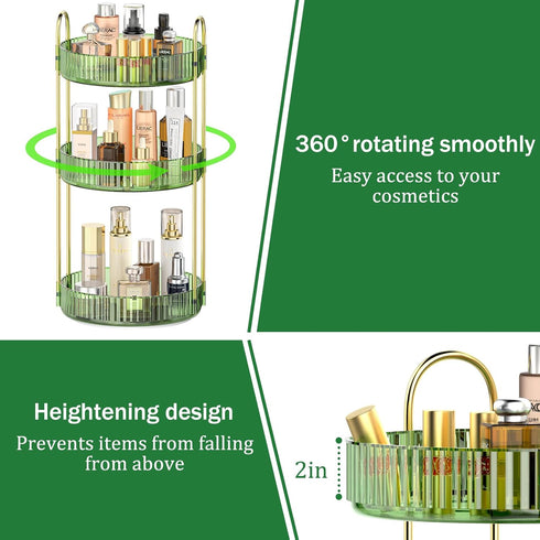 Mokani 360 Rotating Makeup Organizer for Vanity, 3 Tier Adjustable Perfume Organizer for Dresser, Multi-Function Spinning Cosmetics Skincare Organizer for Bedroom, Dresser, Countertop, Green