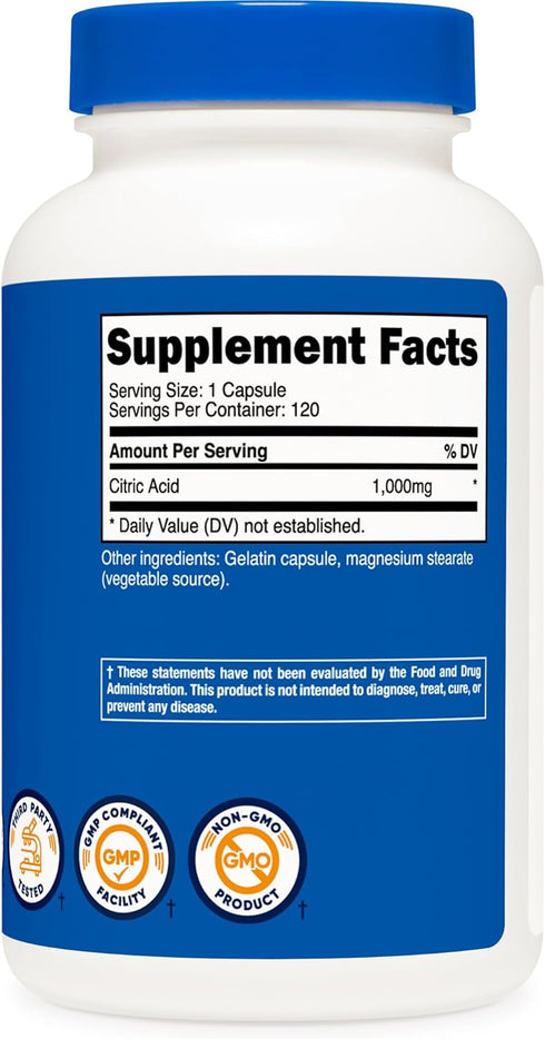 Nutricost Citric Acid 1000mg, 120 Capsules - Gluten Free, Non-GMO
