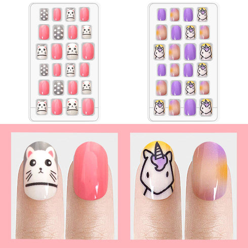 Laza 120pcs Children Nails Girls Press On Artificial Nail Tips, Pre-glue Full Cover Short Cute False Nail Kits