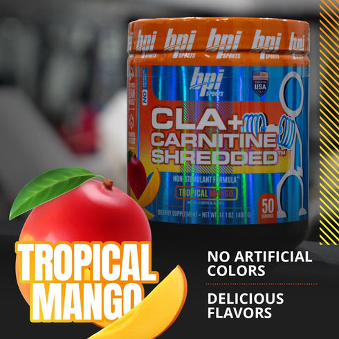 BPI Sports CLA + Carnitine Shredded, Supports Lean Muscle & Fat Loss - Tropical Mango (14.1 oz. / 50 Servings)
