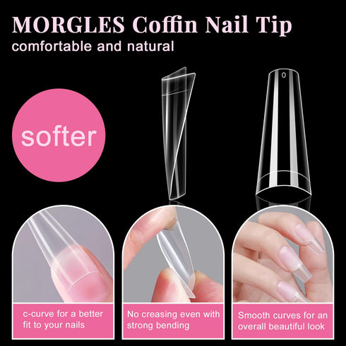 MORGLES Half Cover Coffin Nail Tips Set, 500 Pcs Clear Acrylic Nail Tips with Glue, Clipper, and Files