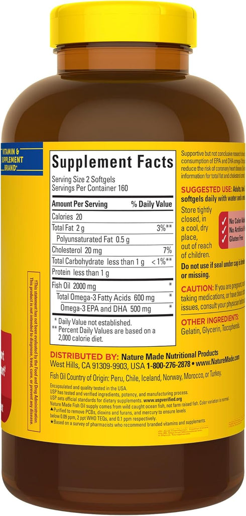 Nature Made Fish Oil 1000 mg Softgels, Omega 3 Fish Oil for Healthy Heart Support, 320 Softgels
