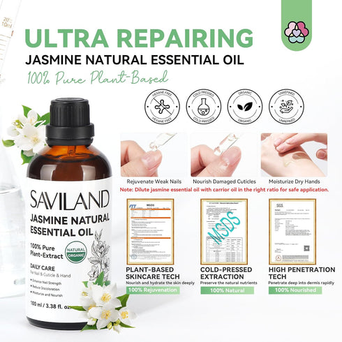 SAVILAND Jasmine Essential Oil for Cuticle Nails, 100% Pure Plant-Based Nail Strengthener