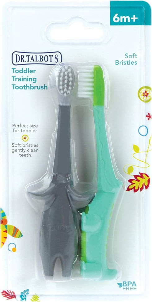 Dr. Talbot's Toddler Training Toothbrush for Kids, 2-Pack, 6+ Months, Alligator/Elephant