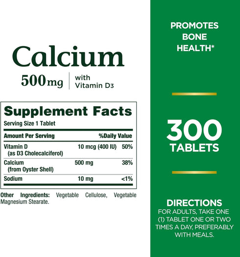 Nature's Bounty Calcium Plus 500 mg Vitamin D3, Immune Support & Bone Health, 300 Tablets