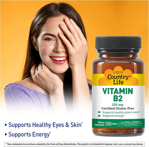 Country Life Vitamin B-2, 100 mg - 100 Tablets - Supports Healthy Eyes, Skin & Energy - Certified Gluten Free