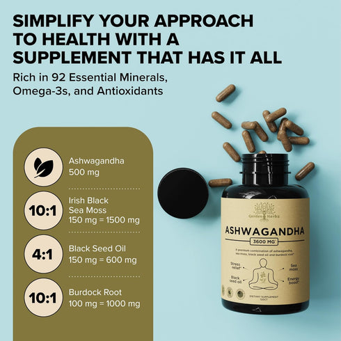Organic Ashwagandha Root & Irish Sea Moss – 3,600 mg Ashwagandha Supplement with Black Seed Oil & Burdock Root – 60