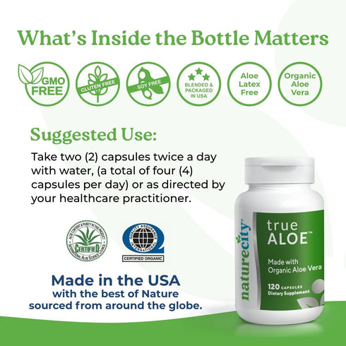 NatureCity True-Aloe Organic Aloe Vera Gut Health Support – 80,000mg Per Serving – 120 Capsules for Digestive, Skin &