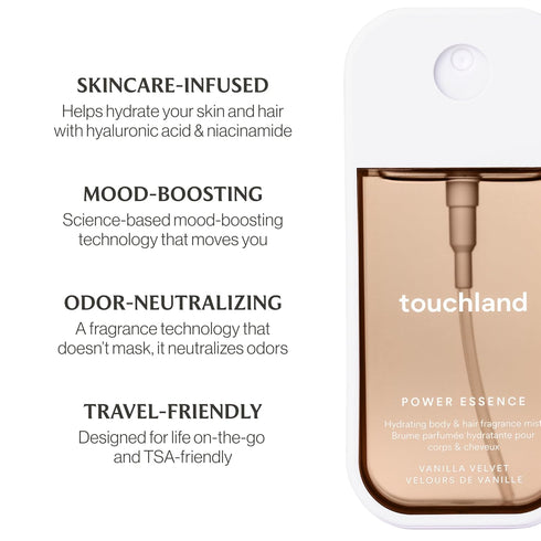 Set Touchland Sweet Rush Hydrating Vanilla Velvet Body & Hair Fragrance Mist and Wild Watermelon Hand Sanitizer Spray