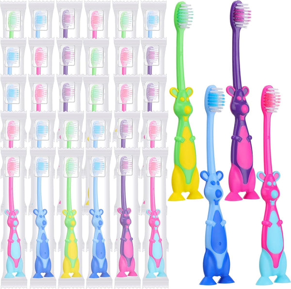 Gerrii 100 Pcs Kids Toothbrush Bulk with Soft Lovely Little Kangaroo Design, Individually Wrapped with Covers & Suction