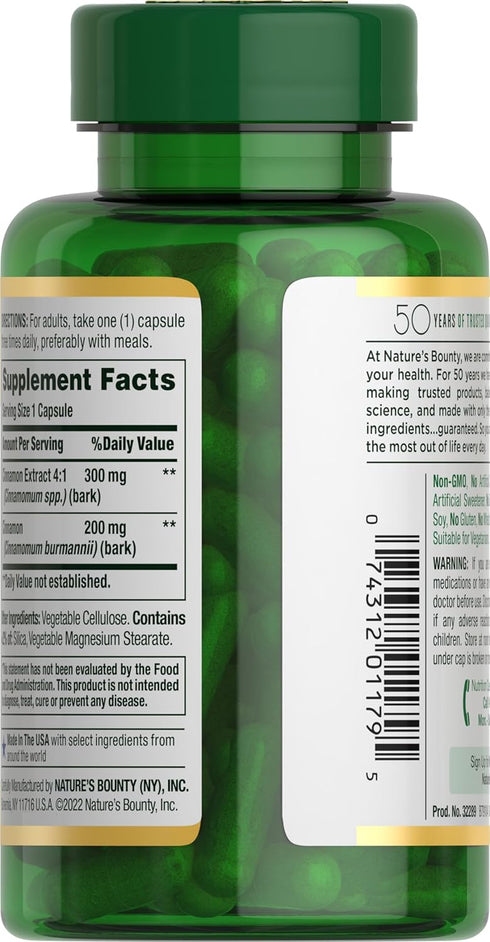 Nature's Bounty Cinnamon Capsules, Herbal Supplement, Supports Sugar Metabolism, 1500mg, 100 Capsules