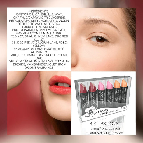 Magic Kiss Color Changing Matte Lipstick Set, 6 Piece Infused with Aloe Vera, Made in USA (Colors of Aloha 3)