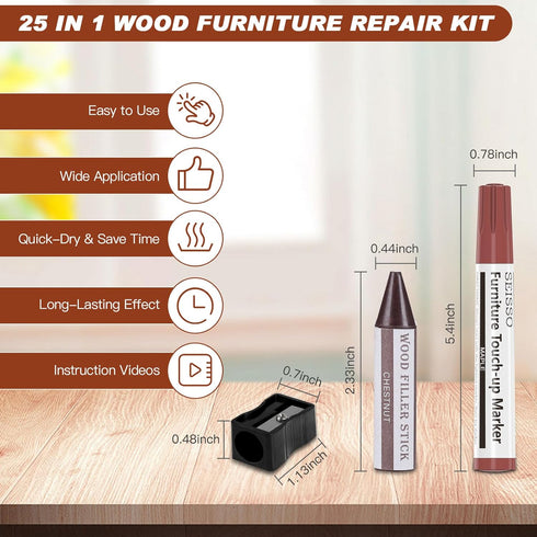 SEISSO Furniture Markers Touch Up - 25 Pcs Wood Repair Kits with Wax Sticks for Scratches & Stains