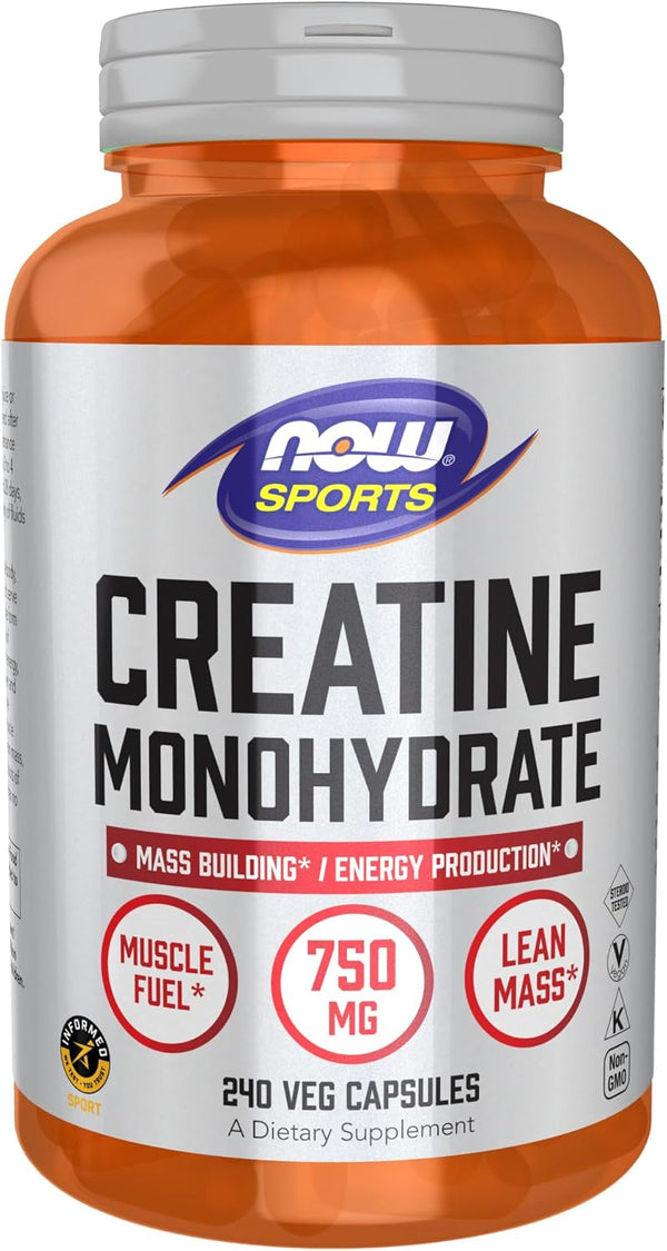 NOW Foods Sports Nutrition - Creatine Monohydrate 750 mg, Mass Building/Energy Production - 240 Veg Capsules