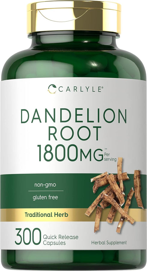 Carlyle Dandelion Root Supplement | 1800mg | 300 Capsules | Non-GMO, Gluten Free