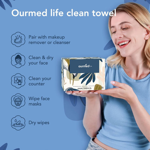ourmed life 50 Count Disposable Face Towel | Lint-Free Biodegradable Makeup Remover Wipes | Super Soft & Thick, 10x12 in