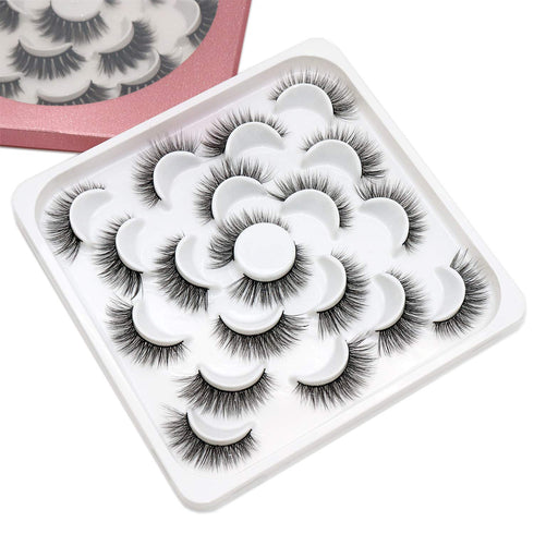 Losha 10 Pairs Faux Mink Eyelashes, Natural Look Fluffy Wispy Soft Handmade Reusable 3D Volume Lashes Pack