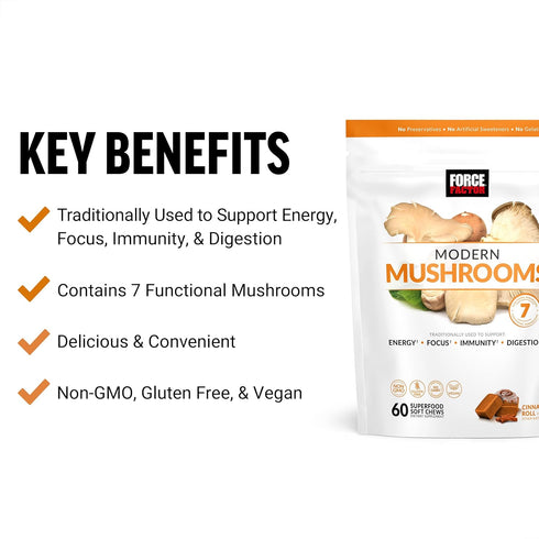 Force Factor Modern Mushrooms Soft Chews, Mushroom Supplement with Lions Mane, Turkey Tail, & Cordyceps to Support Energy, Focus, Immunity, & Digestion, Cinnamon Roll, 60 Soft Chews