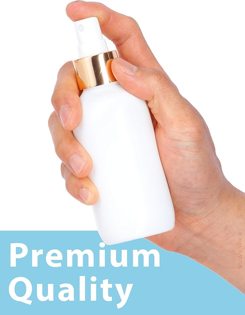 JUVITUS 4 oz High Shine Gloss White Glass Boston Round Bottle with Gold Fine Mist Spray, 6 Pack