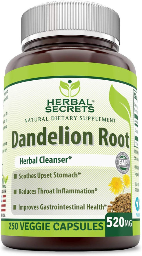 Herbal Secrets Dandelion Root 520 mg Veggie Capsules - Non-GMO, Gluten Free Supplement Made in USA (250 Count)