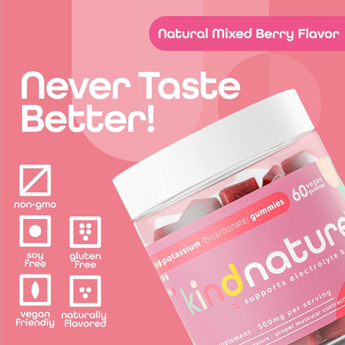 Kind Nature High Potassium Supplement 500mg, Chewable Gummies for Adults & Kids, Vegan, 60 Gummies