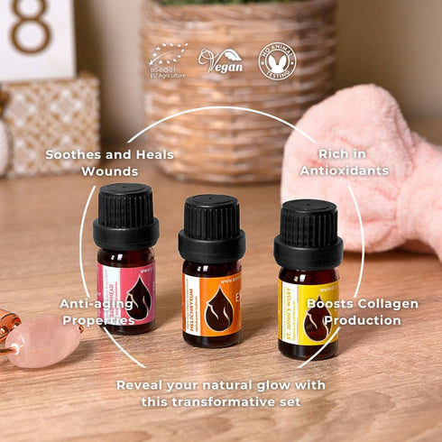 Set 100% (3 5 ml) Glowing Skin Organic Essential Oils | Helichrysum + Moldavian Dragonhead + St. John's Wort | Pure