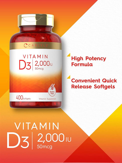 Carlyle Vitamin D3 2000IU Softgels, 400 Count, Non-GMO, Gluten Free Formula, 50 mcg, Vitamin D Supplement