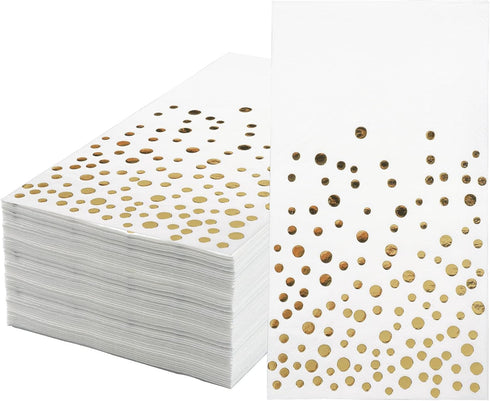 Pack of 120 Gold Foil Guest Napkins White and Golden Polka Dots