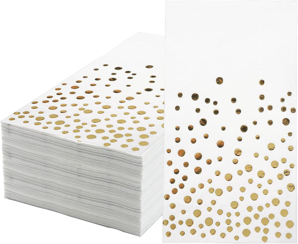 Pack of 120 Gold Foil Guest Napkins White and Golden Polka Dots