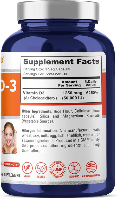 NusaPure Vitamin D3 50,000 IU, 90 Veggie Capsules, Non-GMO, Vegan.
