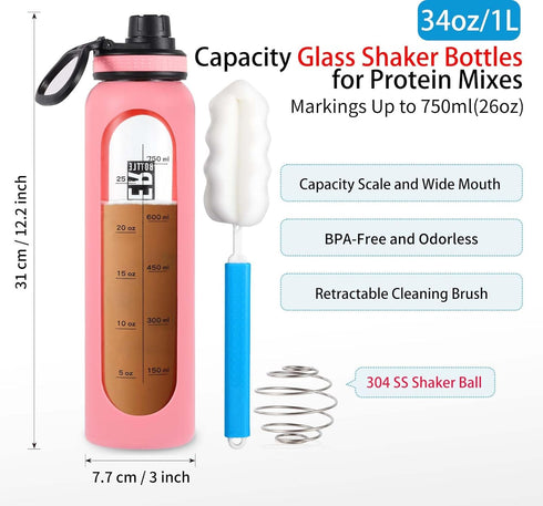 Glass Shaker Bottle, 34oz/1L BPA-Free Blender with 304SS Ball and Cleaning Brush for Protein Mixes