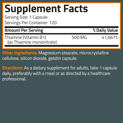 Bronson Vitamin B1 Extra Strength - 500 MG High Potency, Non-GMO, 120 Capsules