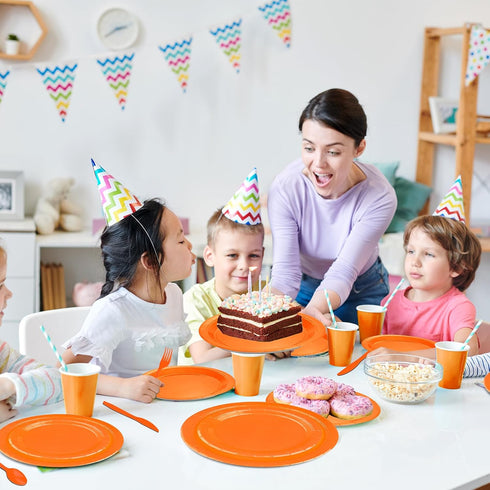 TWOWYHI 228PCS Orange Party Supplies Set, Paper Plates, Cups, Napkins, Plastic Spoons, Forks, Knives for 30 Guests