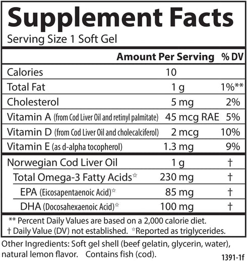 Carlson - Cod Liver Oil Gems, Low Vitamin A, 230 mg Omega-3s, 150 Softgels