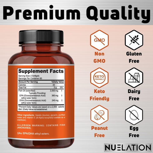 Fish Oil 2000mg, Wild Caught Omega 3, 120 Softgels, Non-GMO, Gluten Free, Keto Friendly, 60 Servings