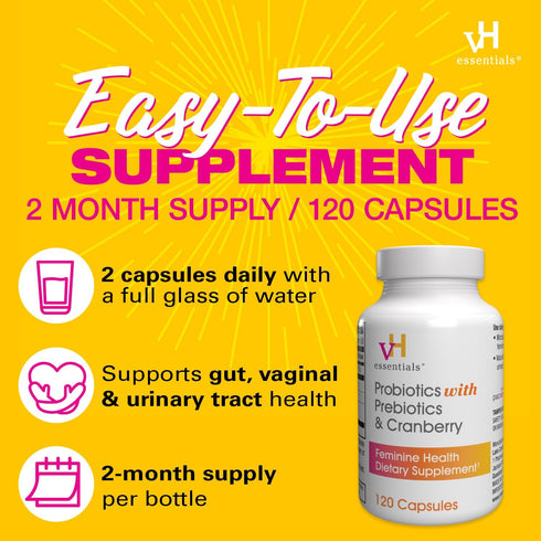vH essentials Probiotics with Prebiotics and Cranberry, Feminine Health Supplement, 120 Capsules