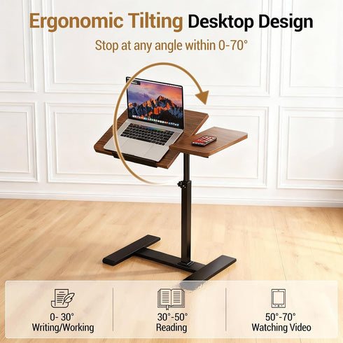 Naiveferry Height Adjustable Laptop Mobile Standing Desk with Wheels, Bedside Table Tilting Laptop Cart, Small Rolling